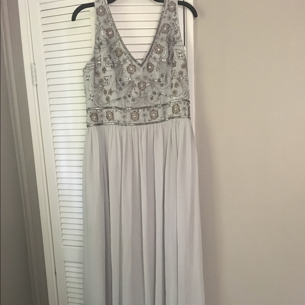 Floor length chiffon gray dress with beaded top